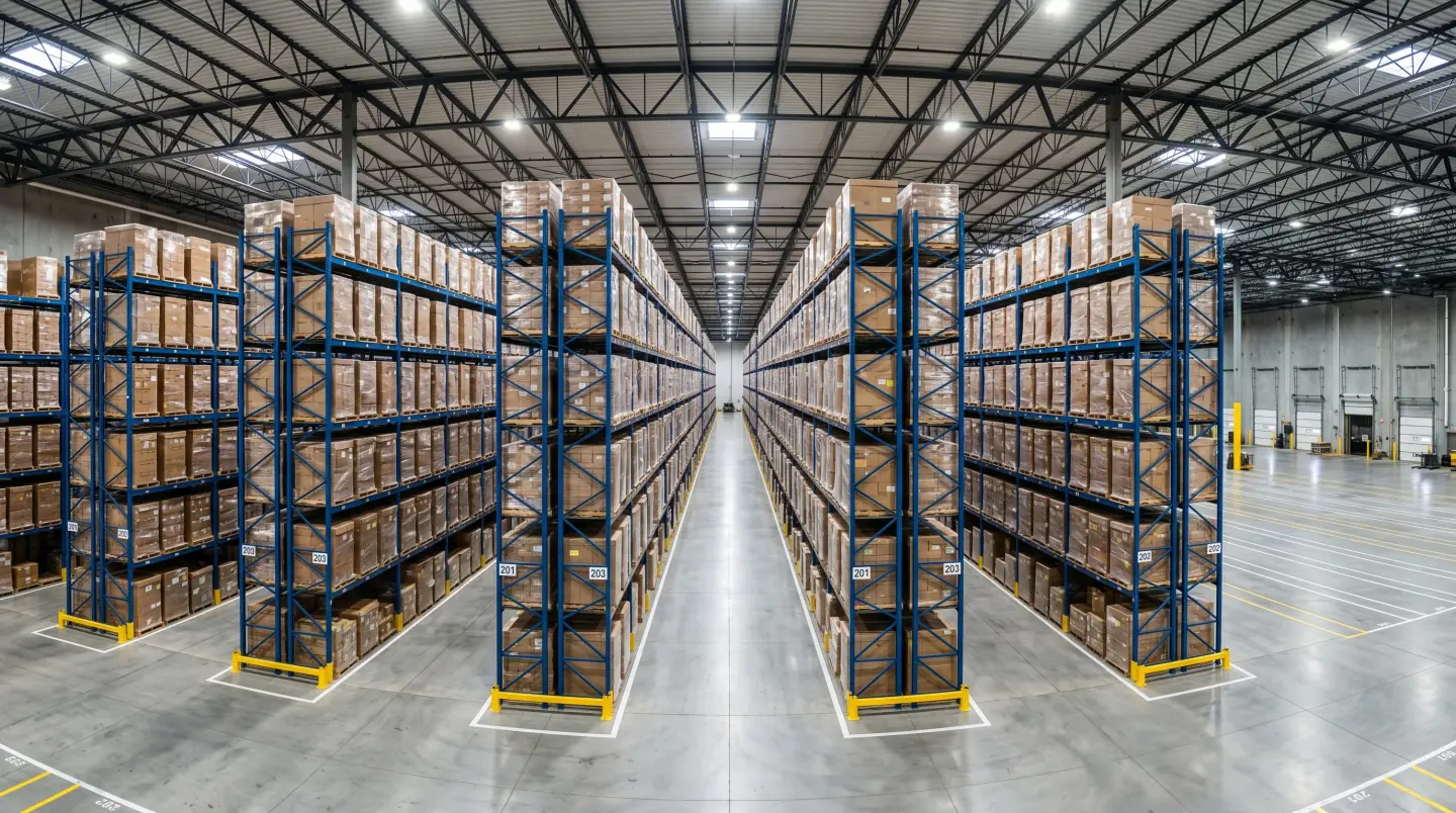 Yellow pallet racking system loaded with inventory in a Dulles corridor warehouse