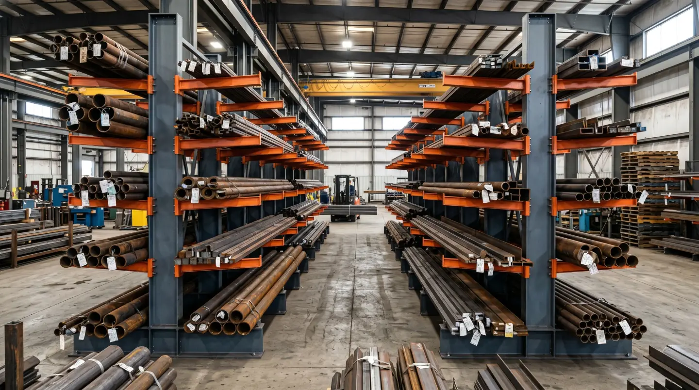 Heavy-duty structural cantilever rack storing pipe, steel, and lumber bundles in a Dulles corridor industrial distributor