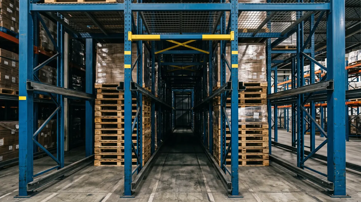 Drive-in pallet rack system with forklift entering the rack structure in a Dulles corridor cold storage warehouse
