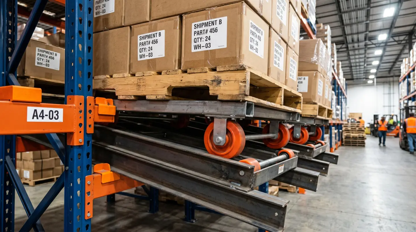 Pushback pallet rack system with nested carts and inclined rails in a Dulles corridor warehouse