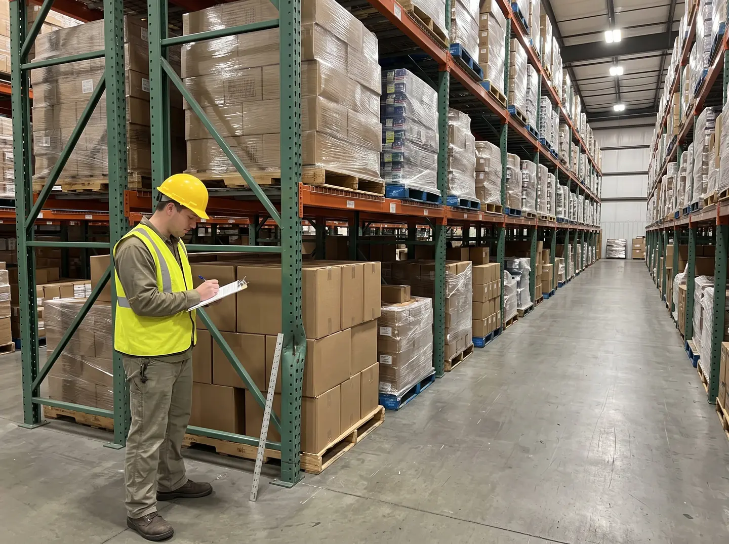 Inspector measuring rack damage and recording findings on a clipboard