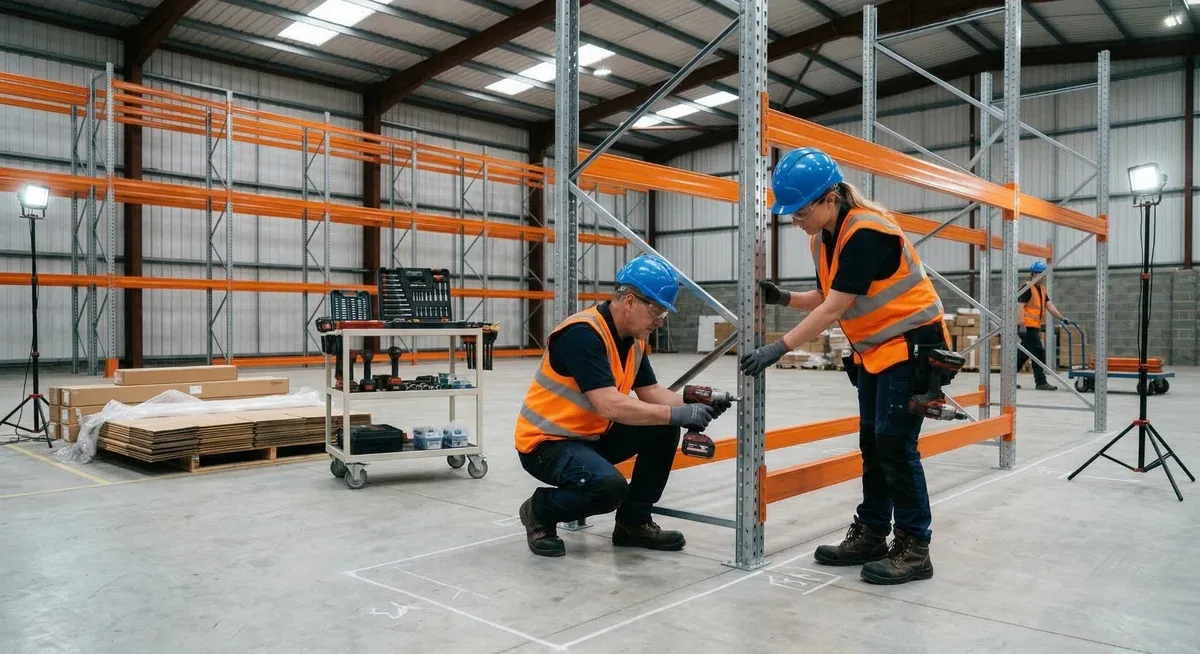 Installation crew assembling pallet rack uprights and beams in a Dulles corridor warehouse