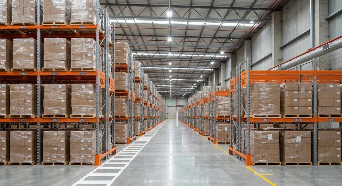 Completed pallet racking rows with marked aisles after installation